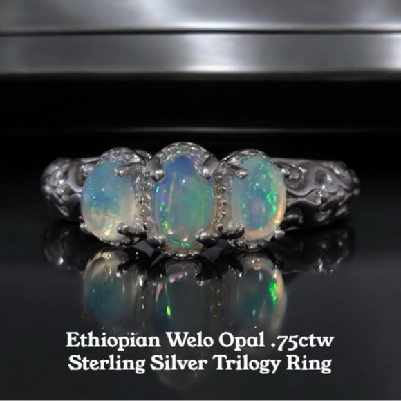 Ethiopian Welo Opal .75ctw 3-stone, Trilogy Sterling Silver/Platinum Plated Ring - Picture 2 of 9
